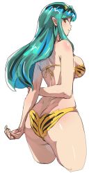 Rule 34 | 1girl, animal print, arm behind back, ass, bikini, bow (bhp), breasts, closed mouth, commentary request, green hair, horns, large breasts, long hair, looking at viewer, lum, oni, pointy ears, print bikini, red horns, simple background, smile, solo, swimsuit, thighs, tiger print, urusei yatsura, white background, yellow bikini, yellow eyes