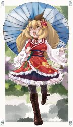 Rule 34 | 1girl, absurdres, animal ears, big hair, black pantyhose, blonde hair, blue dress, blush, boots, bow, bowtie, brown footwear, brown hair, dress, frilled dress, frilled sleeves, frills, hair bow, highres, kemono friends, kemono friends 3, knee boots, lion, lion (kemono friends), lion ears, lion girl, lion tail, long hair, long sleeves, multicolored hair, official alternate costume, oil-paper umbrella, open mouth, pantyhose, red bow, red bowtie, red dress, shirt, smile, solo, tail, toriny, two-tone dress, umbrella, white shirt, yellow eyes