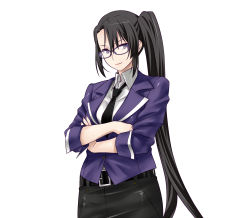 Rule 34 | 10s, 1girl, alternate costume, black hair, crossed arms, glasses, highres, kantai collection, long hair, looking at viewer, md5 mismatch, nachi (kancolle), office lady, ponytail, purple-framed eyewear, purple eyes, shoumaru (gadget box), side ponytail, simple background, solo, upper body, very long hair, white background