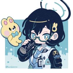 Rule 34 | 1girl, black hair, blue archive, blue eyes, blue necktie, blue vest, breasts, can, canned coffee, chihiro (blue archive), closed mouth, collared shirt, cropped torso, drink can, glasses, green-framed eyewear, hair ornament, halo, hand up, highres, holding, holding can, jacket, koru koruno, long sleeves, looking at viewer, medium breasts, necktie, open clothes, open jacket, puffy long sleeves, puffy sleeves, rabbit hair ornament, semi-rimless eyewear, shirt, solo, stuffed animal, stuffed toy, teddy bear, twitter username, under-rim eyewear, upper body, vest, white jacket, white shirt