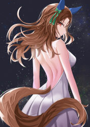 Rule 34 | 1girl, absurdres, alternate costume, animal ears, backless dress, backless outfit, bare shoulders, bow, breasts, brown hair, commentary request, cowboy shot, dress, ear bow, ear covers, from behind, green bow, highres, horse ears, horse girl, horse tail, king halo (umamusume), long hair, medium breasts, outdoors, red eyes, sky, solo, star (sky), starry sky, tail, tsuyusora, umamusume, white dress