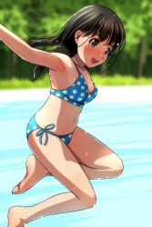 Rule 34 | 1girl, :d, absurdres, bare arms, bare legs, barefoot, bikini, black hair, blue bikini, blurry, blurry background, blush, breasts, brown eyes, day, feet, forest, grass, highres, jumping, long hair, matsunaga kouyou, nature, navel, open mouth, original, outdoors, polka dot, polka dot bikini, pond, side-tie bikini bottom, small breasts, smile, solo, swimsuit, teeth, toes, tree, upper teeth only, water, wet