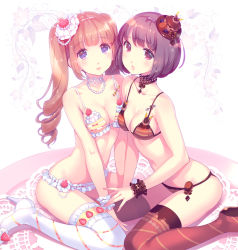 Rule 34 | 2girls, between legs, bikini, blue eyes, blunt bangs, bob cut, bra, breasts, brown eyes, brown hair, brown legwear, cake, chocolate, choker, cleavage, doily, food, food-themed clothes, food print, fork, frilled bikini, frilled bra, frilled panties, frills, fruit, hair ornament, hand between legs, hat, high heels, jewelry, long hair, looking at viewer, multiple girls, necklace, nishimura eri, on plate, original, panties, parted lips, pearl necklace, pendant, print bra, print panties, purple eyes, purple hair, ribbon-trimmed bikini, ringlets, shoes, short hair, sitting, smile, sparkle, strawberry, strawberry shortcake, striped clothes, striped legwear, striped thighhighs, swimsuit, thighhighs, twintails, underwear, underwear only, wariza, white footwear, white legwear, wrist cuffs