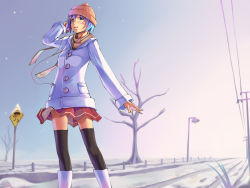 Rule 34 | 1girl, blue eyes, blue hair, boots, coat, foge, footprints, hand on own head, hat, headphones, highres, lamppost, matching hair/eyes, original, perspective, power lines, road, road sign, scarf, short hair, sign, skirt, snow, snowing, solo, street, thighhighs, tree, vanishing point, winter, winter clothes, zettai ryouiki