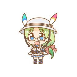 Rule 34 | 1girl, blue eyes, glasses, green hair, hat, hat feather, kemono friends, kemono friends pavilion, long hair, looking at viewer, mirai (kemono friends), official art, solo, transparent background