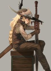 Rule 34 | 1girl, armor, belt, blonde hair, boots, box, braid, brown gloves, dark souls (series), dark souls i, dark souls ii, feathers, from side, gloves, green eyes, grey background, harau, hat, highres, holding, holding weapon, long hair, long sleeves, lucatiel of mirrah, on box, pants, sheath, simple background, sitting, sitting on object, solo, sword, weapon