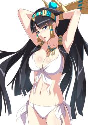 Rule 34 | 1girl, arms up, bad id, bad twitter id, bikini, black hair, blue eyes, breasts, cowboy shot, highres, isis (p&amp;d), jewelry, large breasts, long hair, looking at viewer, necklace, parted lips, puuzaki puuna, puzzle &amp; dragons, simple background, solo, swimsuit, white bikini