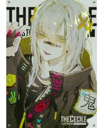 Rule 34 | 1girl, artist name, bandaid, bandaid on face, bandaid on nose, bead necklace, beads, black gloves, black jacket, black shirt, commentary, english commentary, fingerless gloves, gloves, grey hair, highres, indie virtual youtuber, jacket, jewelry, long hair, looking at viewer, nail polish, necklace, pillarboxed, pink nails, shirt, solo, the cecile, the cecile (vtuber), tongue, tongue out, virtual youtuber, yellow eyes