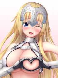 Rule 34 | 1girl, :d, blonde hair, blue eyes, blush, breasts, chain, cleavage, fate/grand order, fate (series), gauntlets, headpiece, heart, heart-shaped boob challenge, heart hands, jeanne d&#039;arc (fate), jeanne d&#039;arc (ruler) (fate), jeanne d&#039;arc (third ascension) (fate), large breasts, long hair, looking at viewer, one eye closed, open mouth, smile, solo, tapisuke