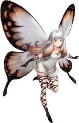 Rule 34 | 1girl, airy (bravely default), black footwear, black gloves, black thighhighs, bravely default: brilliant lights, bravely default: flying fairy, bravely default (series), brown eyes, butterfly wings, dress, fairy, fairy wings, gloves, grey hair, highres, insect wings, long hair, no nose, official art, outstretched arms, pointy ears, short dress, solo, strapless, strapless dress, thighhighs, thighs, transparent background, white dress, wings, yoshida akihiko
