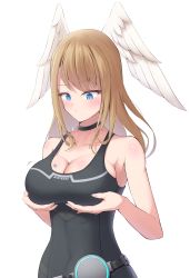 Rule 34 | 1girl, absurdres, alternate breast size, black bodysuit, black choker, blue eyes, bodysuit, breast expansion, breast hold, breast tattoo, breasts, choker, cleavage, eunie (xenoblade), hand on own chest, hands on own breasts, head wings, highres, large breasts, long hair, okazu2010015, raised eyebrow, solo, sweat, tattoo, white background, white wings, wings, xenoblade chronicles (series), xenoblade chronicles 3