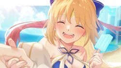 Rule 34 | absurdres, artoria caster (fate), artoria caster (swimsuit) (fate), artoria caster (swimsuit) (third ascension) (fate), artoria pendragon (fate), bare shoulders, beach, blonde hair, blue bow, blue one-piece swimsuit, blush, bow, breasts, city, cloud, cloudy sky, fate/grand order, fate (series), food, hair between eyes, hair bow, highres, holding, holding food, holding ice cream, ice cream, kpaoi, long hair, long sleeves, ocean, one-piece swimsuit, open mouth, red hair, ribbon, sky, small breasts, smile, sunlight, swimsuit, teeth, uvula, white ribbon