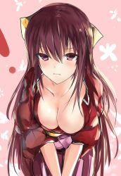 Rule 34 | 10s, 1girl, bent over, blush, bow, breasts, cleavage, clenched teeth, collarbone, downblouse, hair bow, hakama, hakama short skirt, hakama skirt, hanging breasts, japanese clothes, kamikaze (kancolle), kantai collection, kimono, large breasts, long hair, looking at viewer, meiji schoolgirl uniform, nako (nakolusu), nontraditional miko, parted lips, pink background, pink skirt, purple eyes, purple hair, simple background, sketch, skirt, solo, standing, teeth, v arms, yellow bow