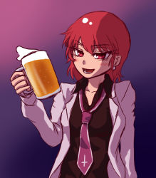 Rule 34 | 1girl, alcohol, beer, beer mug, black shirt, blush, cross, cross necktie, cup, drinking glass, drunk, earrings, facing viewer, holding, holding cup, holding drinking glass, horikawa raiko, jacket, jewelry, looking at viewer, loose necktie, miata (miata8674), mug, necktie, night, open clothes, open jacket, open mouth, red eyes, red hair, shirt, smile, solo, touhou, white jacket