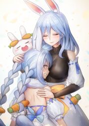 Rule 34 | 2girls, absurdres, adapted costume, age difference, animal ear fluff, animal ears, backless outfit, black bodysuit, blue hair, blush, bodysuit, braid, breasts, carrot hair ornament, face to breasts, food-themed hair ornament, hair ornament, highres, hololive, hug, large breasts, long hair, mature female, mother and daughter, multicolored hair, multiple girls, pekomama, pekomon (usada pekora), rabbit ears, rabbit girl, short eyebrows, smile, thick eyebrows, twin braids, two-tone hair, usada pekora, virtual youtuber, white hair, ziteng yue