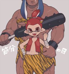 Rule 34 | 1boy, 1girl, bad id, bad twitter id, bandages, bikini, blue hair, bracelet, closed mouth, club, club (weapon), commentary, fangs, frown, gomi (kaiwaresan44), grey background, hand on own hip, head out of frame, holding, holding weapon, horns, inkling, inkling boy, inkling girl, inkling player character, jewelry, long hair, looking at viewer, manly, muscular, muscular female, navel, nintendo, no shirt, oni horns, open mouth, orange bikini, orange pants, orange sarong, pants, pointy ears, print bikini, print sarong, protected link, red eyes, red hair, red vest, sarong, scar, scar on face, scrunchie, setsubun, simple background, smile, spiked bracelet, spiked club, spikes, splatoon (series), splatoon 2, standing, strapless, strapless bikini, swimsuit, tiger stripes, topknot, translated, vest, weapon