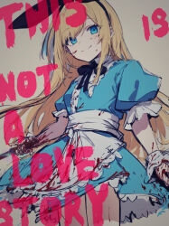Rule 34 | 1girl, ai-assisted, alice (alice in wonderland), alice in wonderland, animal ear hairband, animal ears, black ribbon, blonde hair, blood, blood on clothes, blood on face, blood on hands, bloody weapon, blue dress, blue eyes, cowboy shot, dagger, dot nose, dress, english text, fake animal ears, hairband, highres, holding, holding knife, its (pixiv 61283676), knife, long hair, neck ribbon, puffy short sleeves, puffy sleeves, rabbit ear hairband, rabbit ears, ribbon, sash, short dress, short sleeves, sidelocks, smile, solo, split mouth, weapon, white background, white sash, white wrist cuffs, wrist cuffs