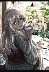 Rule 34 | 1girl, alcohol, alternate costume, blush, floral background, flower, grey hair, hair between eyes, highres, japanese clothes, kantai collection, kimono, long hair, long sleeves, looking at viewer, one-hour drawing challenge, open mouth, pola (kancolle), saucer, seitei (04seitei), sitting, solo, yellow eyes