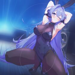 Rule 34 | 1girl, absurdly long hair, animal ears, arbiter1, arm strap, armpits, arms behind head, arms up, azur lane, blue hair, blue leotard, bodystocking, breasts, cleavage, fake animal ears, full body, hair intakes, high heels, highres, large breasts, leotard, long hair, looking at viewer, new jersey (azur lane), new jersey (exhilarating steps!) (azur lane), official alternate costume, one eye closed, oversized breast cup, playboy bunny, rabbit ears, see-through, see-through cleavage, smile, solo, squatting, stage lights, strapless, strapless leotard, very long hair