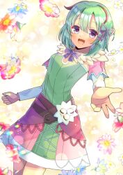 Rule 34 | 1girl, :d, bow, breasts, brown hair, commentary request, commission, dress, floral background, green dress, green hair, hair between eyes, kohaku (rune factory), kou hiyoyo, layered sleeves, long sleeves, looking at viewer, multicolored hair, open mouth, pink skirt, purple bow, purple eyes, rune factory, short over long sleeves, short sleeves, skeb commission, skirt, small breasts, smile, solo, streaked hair