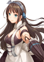 Rule 34 | 1girl, apron, azur lane, blue eyes, blue sky, blush, breasts, brown hair, closed umbrella, corset, dress, frills, hair ornament, hairband, highres, juliet sleeves, kelly 0w0, long hair, long sleeves, looking at viewer, maid, medium breasts, newcastle (azur lane), parasol, puffy sleeves, ribbon, sideboob, simple background, sky, smile, solo, umbrella, waist apron, white background
