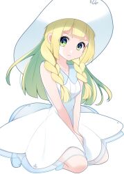 Rule 34 | blonde hair, breasts, creatures (company), dress, game freak, green eyes, hat, highres, lillie (pokemon), nintendo, pokemon, pokemon sm, small breasts, solo, sun hat, white dress, yuihico