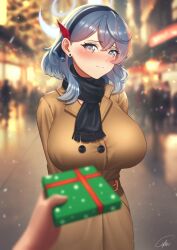 Rule 34 | ako (blue archive), arms behind back, black scarf, blue archive, blue eyes, blue hair, blurry, blurry background, blurry foreground, blush, box, breasts, brown coat, christmas, cipher4109, coat, crowd, gift, gift box, halo, large breasts, looking at viewer, pov, pov hands, scarf, smile, snowing, solo focus, trench coat