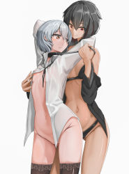 Rule 34 | 2girls, bdsm, bikini, black bikini, black collar, black hair, black hoodie, black legwear, bottomless, breasts, closed mouth, clothes lift, collar, collared shirt, convenient censoring, dark-skinned female, dark skin, dress shirt, femdom, flat chest, genek, gluteal fold, hair between eyes, highres, hood, hoodie, leash, leash pull, long sleeves, looking at another, looking back, multiple girls, naked shirt, navel, open clothes, open hoodie, open shirt, original, red eyes, shirt, shirt lift, short hair, silver hair, simple background, slave, small breasts, smile, stomach, swimsuit, thighhighs, underwear, wavy mouth, white background, white shirt, yuri