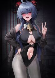 Rule 34 | 1girl, adapted costume, bare shoulders, bell, black horns, black jacket, black leotard, blue hair, blush, breasts, cleavage, contemporary, contrapposto, corruption, cowbell, cropped legs, curtains, empty eyes, genshin impact, hand on own hip, highres, horns, jacket, large breasts, leotard, navel, open clothes, open jacket, open mouth, pantyhose, purple eyes, solo, suou-sensei, sweater jacket, thighs, v, white pantyhose