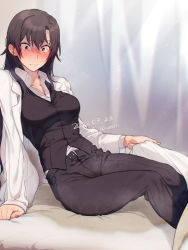 Rule 34 | 1girl, artist name, bedwetting, black hair, black pants, black vest, blush, breasts, coat, collarbone, collared shirt, commentary request, commission, dated, embarrassed, grey eyes, hiratsuka shizuka, imoden, lab coat, large breasts, long hair, long sleeves, pants, peeing, peeing self, shirt, skeb commission, solo, twitter username, vest, watermark, white coat, white shirt, yahari ore no seishun lovecome wa machigatteiru.