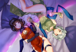 Rule 34 | 2girls, anchor symbol, bed sheet, bottomless, braid, breasts, brown hair, china dress, chinese clothes, chongqing (warship girls r), cleavage cutout, clothing cutout, covered navel, detached sleeves, double bun, dress, eyebrows, gloves, hair bun, holding hands, interlocked fingers, liyou-ryon, looking at viewer, lying, multiple girls, on back, pillow, short hair, side slit, single glove, string, thigh strap, upside-down, warship girls r, white hair, yat sen (warship girls r), yellow eyes