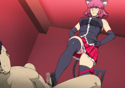 Rule 34 | 1girl, animal ears, bare shoulders, blue eyes, blush, breasts, cat ears, cat tail, censored, clothed female nude male, elbow gloves, fake animal ears, fake tail, feet, footjob, gloves, greco roman (spiral brain), gundam, gundam zz, haman karn, hands on own hips, highres, indoors, large breasts, legs, looking down, lying, mosaic censoring, no shoes, nude, panties, pantyshot, penis, pink hair, short hair, skirt, smile, standing, sweat, tail, thighhighs, thighs, underwear