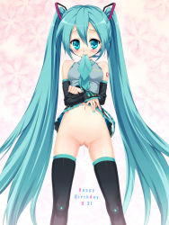 Rule 34 | 1girl, absurdres, aqua eyes, aqua hair, bare shoulders, black thighhighs, blush, clothes lift, detached sleeves, embarrassed, english text, female focus, groin, happy birthday, hatsune miku, headphones, headset, highres, hisasi, legs, long hair, looking at viewer, mouth hold, navel, necktie, no panties, pussy, pussy juice, skindentation, skirt, skirt lift, solo, standing, tattoo, text focus, thighhighs, thighs, twintails, uncensored, very long hair, vocaloid, yamaha