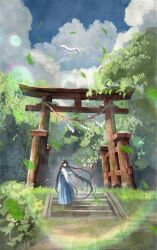 Rule 34 | 1girl, black hair, blue eyes, blue skirt, blue sky, cloud, commentary request, dragon, forest, full body, hakama, hakama skirt, highres, japanese clothes, long hair, long sleeves, looking at viewer, miko, nature, original, outdoors, plant, rope, scenery, shimekake, shimenawa, skirt, sky, stairs, standing, torii, wide shot, wide sleeves