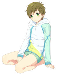 Rule 34 | 10s, 1boy, aged down, barefoot, blush, brown hair, child, dot nose, free!, from side, full body, green eyes, green hoodie, green jammers, green male swimwear, high speed!, hood, hood down, hoodie, jammers, kneeling, long sleeves, looking down, male focus, male swimwear, mo (nmnme), multicolored clothes, multicolored hoodie, open mouth, short hair, simple background, sitting, solo, swimsuit, tachibana makoto, white background, white hoodie