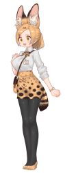 Rule 34 | 1girl, absurdres, adapted costume, alternate hairstyle, animal ear fluff, animal ears, bag, black pantyhose, blonde hair, blush, bow, bowtie, collared shirt, commentary request, extra ears, fang, hair ornament, hairclip, handbag, high heels, highres, kemono friends, name tag, notora, office lady, open mouth, pantyhose, pencil skirt, ponytail, print bow, print bowtie, print neckwear, print skirt, serval (kemono friends), serval print, serval tail, shirt, short hair, short sleeves, skirt, sleeves rolled up, solo, tail, watch, white shirt, yellow eyes, yellow footwear