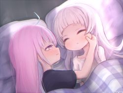 Rule 34 | 2girls, ahoge, arm up, black shirt, blanket, blue hair, blunt bangs, blush, cheek pinching, cheek pull, closed eyes, hand on another&#039;s cheek, hand on another&#039;s face, hand up, happy, hololive, light blue hair, long hair, lying, minato aqua, multicolored hair, multiple girls, murasaki shion, on side, open mouth, pillow, pinching, pink eyes, pink hair, plaid, plaid blanket, shared blanket, shirt, short bangs, short sleeves, silver hair, simple background, smile, t-shirt, takatsurt, two-tone hair, under covers, v arms, virtual youtuber, watermark, white shirt