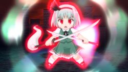 Rule 34 | 1girl, aura, black footwear, black ribbon, building, chestnut mouth, chibi, cityscape, commentary request, dual wielding, floating, glowing, glowing eyes, green skirt, green vest, hair ribbon, holding, holding sword, holding weapon, katana, konpaku youmu, looking at viewer, mary janes, neck ribbon, petticoat, puffy short sleeves, puffy sleeves, red eyes, ribbon, shirt, shoes, short hair, short sleeves, silver hair, skirt, skyscraper, socks, solo, sword, touhou, vest, wakizashi, weapon, white shirt, white socks, wily beast and weakest creature, winn