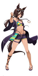 Rule 34 | 1girl, absurdres, alternate costume, animal ears, belt, bikini, black belt, breasts, brown hair, clenched hand, closed mouth, commentary request, criss-cross halter, ear ornament, eyewear on head, full body, hair between eyes, hair over one eye, halterneck, hand on own hip, highres, horse ears, horse girl, horse tail, jewelry, multicolored hair, navel, necklace, sandals, shorts, simple background, small breasts, smile, solo, standing, streaked hair, sunglasses, swimsuit, sylph kim, tail, thighs, umamusume, vodka (umamusume), white background, white hair, yellow eyes