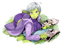 Rule 34 | 1girl, ^^^, ass, blush, bodysuit, breasts, cheelai, chips (food), chuya hukuaka, commentary request, dragon ball, dragon ball super, dragon ball super broly, eating, eyelashes, fingernails, food, food in mouth, full body, grass, grey hair, hood, hood down, hooded jacket, jacket, looking away, lying, magazine (object), medium breasts, pillow, potato chips, purple eyes, short hair, solo, sweatdrop