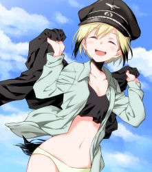 Rule 34 | 1girl, agahari, black jacket, blonde hair, blue sky, cloud, commentary request, day, dutch angle, erica hartmann, closed eyes, hat, highres, jacket, unworn jacket, long sleeves, military hat, multicolored hair, navel, open clothes, open mouth, open shirt, panties, peaked cap, short hair, sky, solo, strike witches, tail, two-tone hair, underwear, world witches series, yellow panties