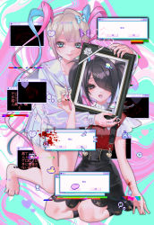 Rule 34 | 2girls, abstract background, absurdres, ame-chan (needy girl overdose), barefoot, black eyes, black hair, black nails, bleeding, blood, blood splatter, blue eyes, blue hair, blue nails, blush, bow, boxcutter, chouzetsusaikawa tenshi-chan, commentary request, cursor, cuts, drugs, dual persona, grey hair, hair bow, hair ornament, hair over one eye, heart, highres, iei, injury, long hair, multicolored hair, multicolored nails, multiple girls, multiple hair bows, nail polish, needy girl overdose, open mouth, picture frame, pill, pink hair, pink nails, pleated skirt, red nails, sailor collar, school uniform, seiza, serafuku, sitting, skirt, slit wrist, smile, suspender skirt, suspenders, toes, translation request, twintails, very long hair, window (computing), x hair ornament, yellow nails, yuiitsu