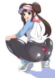 Rule 34 | 10s, 1girl, ass, ass focus, black pantyhose, blue eyes, blush, brown hair, creatures (company), double bun, full body, game freak, hair bun, hat, highres, long hair, nintendo, no pants, open mouth, panties, panties over pantyhose, pantyhose, pokemon, pokemon bw2, raglan sleeves, reisinghell, rosa (pokemon), shoes, simple background, skin tight, smile, sneakers, solo, squatting, thong, twintails, underwear, visor cap, white background