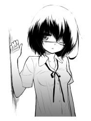 Rule 34 | 10s, 1girl, another, arm up, bad id, bad pixiv id, eyepatch, greyscale, jitsudan, looking at viewer, misaki mei, monochrome, school uniform, shirt, short hair, solo