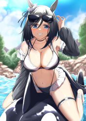 Rule 34 | 1girl, absurdres, animal ears, barefoot, bikini, black choker, black hair, blue eyes, blue sky, choker, cloud, commentary request, commission, day, detached sleeves, eishin flash (umamusume), eyewear on head, grin, groin, highres, horse ears, long hair, long sleeves, looking at viewer, navel, orca, same kujira (challenger 310), skeb commission, sky, smile, solo, stomach, sunglasses, swimsuit, thigh strap, thighs, umamusume, water