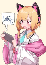 Rule 34 | 1girl, absurdres, animal ear headphones, animal ears, aqua necktie, blonde hair, blue archive, bow, cat ear headphones, commentary request, english text, fake animal ears, hair bow, hakurou hokuto, handheld game console, headphones, highres, holding, holding handheld game console, jacket, long sleeves, momoi (blue archive), necktie, open mouth, pink eyes, red bow, shirt, short hair, simple background, solo, white jacket, white shirt, yellow background