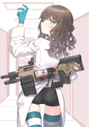 Rule 34 | 1girl, annoyed, aqua eyes, ass, assault rifle, biohazard symbol, biological weapon, black shorts, blush, braid, brown hair, buckle, bullpup, closed mouth, commentary, commentary request, concealed weapon, crown braid, curly hair, eotech, exit sign, flashlight, gloves, grimace, gun, hair between eyes, handgun, highres, holding, holding gun, holding weapon, hs2000, kel-tec rfb, lab coat, latex, latex gloves, load bearing equipment, long hair, magazine (weapon), optical sight, original, pistol, pocket, rifle, samaru (seiga), semi-automatic firearm, semi-automatic rifle, short shorts, shorts, skindentation, snap-fit buckle, solo, springfield armory xd, striped clothes, striped thighhighs, tactical light, thick eyebrows, thighhighs, tight clothes, weapon, weapon of mass destruction