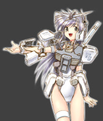 Rule 34 | 1girl, :d, g-3 gundam, gluteal fold, grey eyes, grey hair, grey leotard, gundam, gundam msv, hair between eyes, hairband, headgear, highleg, highleg leotard, humanization, leotard, long hair, looking at viewer, mecha musume, open mouth, outstretched arm, shinjou satomi, sidelocks, simple background, smile, solo, standing, teeth, thigh strap, two-tone leotard, upper teeth only, v-fin, white hairband, white leotard