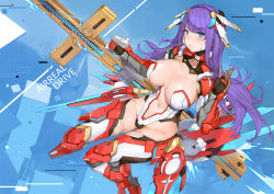 Rule 34 | 1girl, armor, blue eyes, blunt bangs, bodysuit, breasts, center opening, commentary, cross, english text, engrish text, fate/grand order, fate (series), gauntlets, gloves, headgear, highleg, highleg leotard, highres, holding, holding weapon, impossible clothes, impossible leotard, large breasts, leotard, long hair, looking at viewer, martha (aerial drive) (fate), martha (fate), mecha musume, multicolored clothes, multicolored gloves, navel, parted lips, pauldrons, purple eyes, ranguage, revealing clothes, shoulder armor, solo, thrusters, turtleneck, vambraces, very long hair, weapon, white bodysuit, yykuaixian