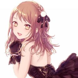 Rule 34 | 10s, 1girl, :d, bad id, bad pixiv id, bare shoulders, black dress, black gloves, braid, brown eyes, brown hair, commentary request, dress, gloves, hair ornament, highres, houjou karen, idolmaster, idolmaster cinderella girls, long hair, looking at viewer, looking to the side, michudx, open mouth, simple background, smile, solo, upper body, white background